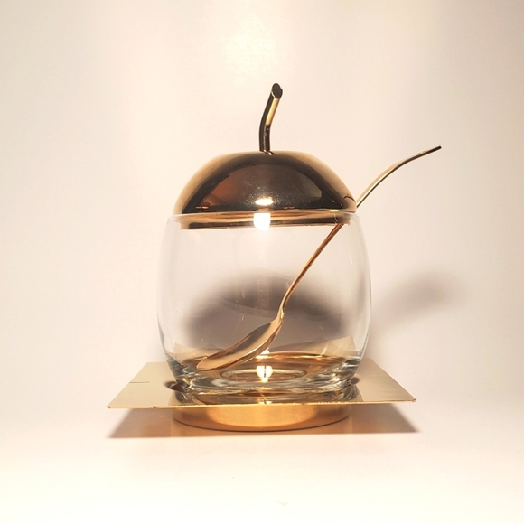 24k Gold Plated Vtg Glass Sugar Bowl with Spoon & Tray Apple Stem Lid Brass MCM - Picture 11 of 11